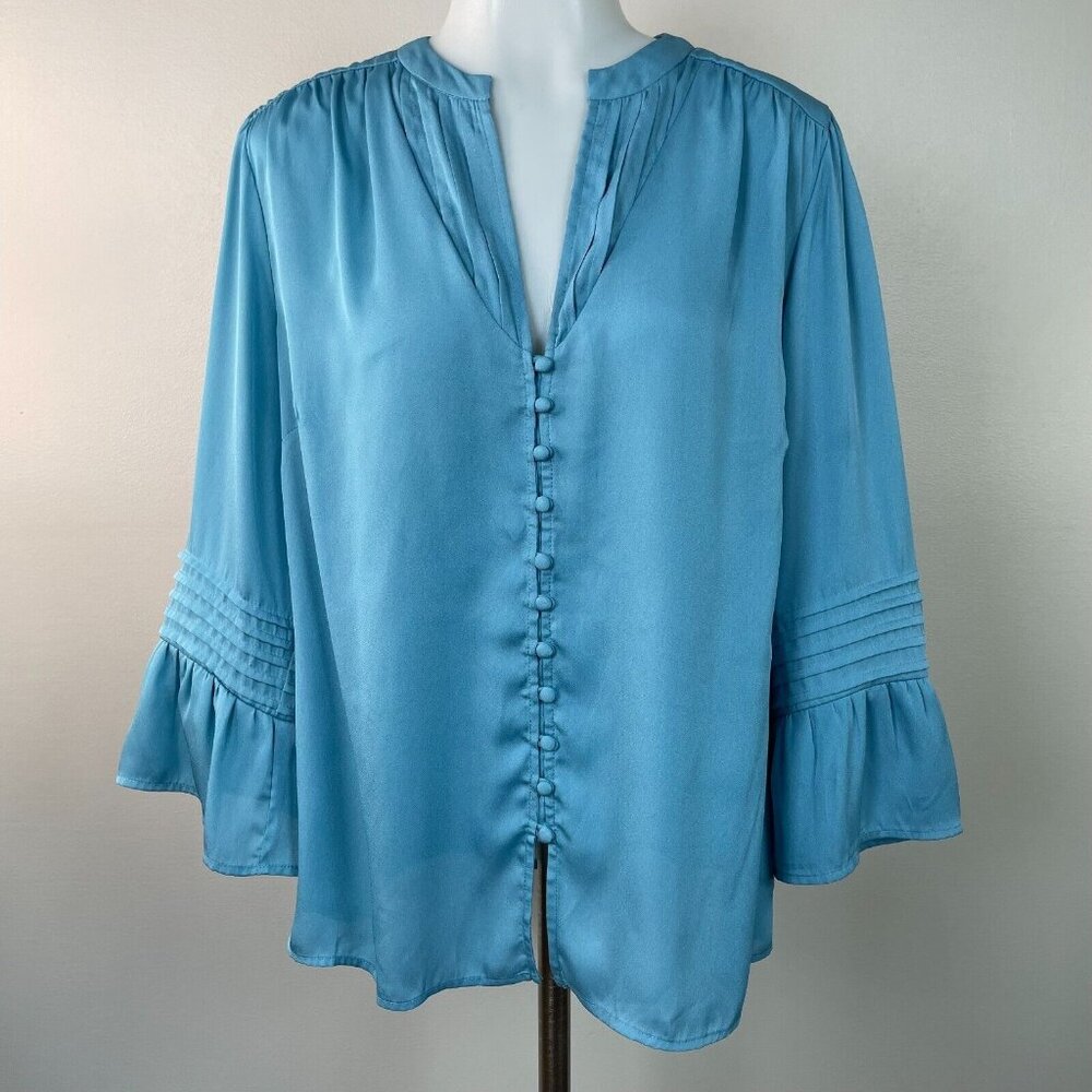 Soft Surroundings Top Large Blue Button-Front Bell Sleeve Blouse Women's